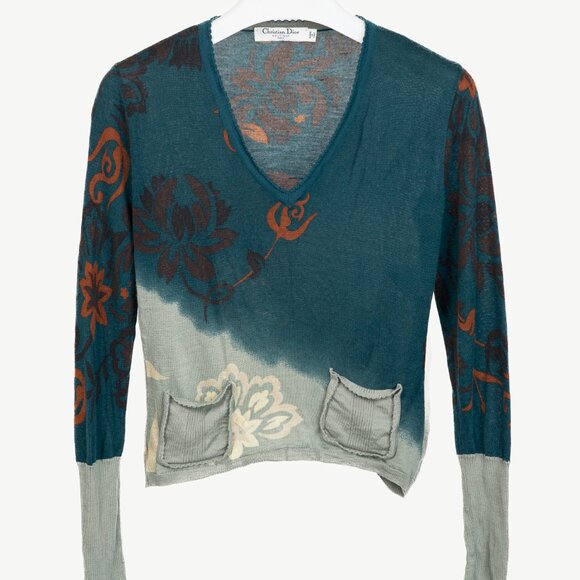Christian Dior Teal Wool, Silk, & Cashmere-Blend Floral Cropped Sweater - Picture 1 of 10